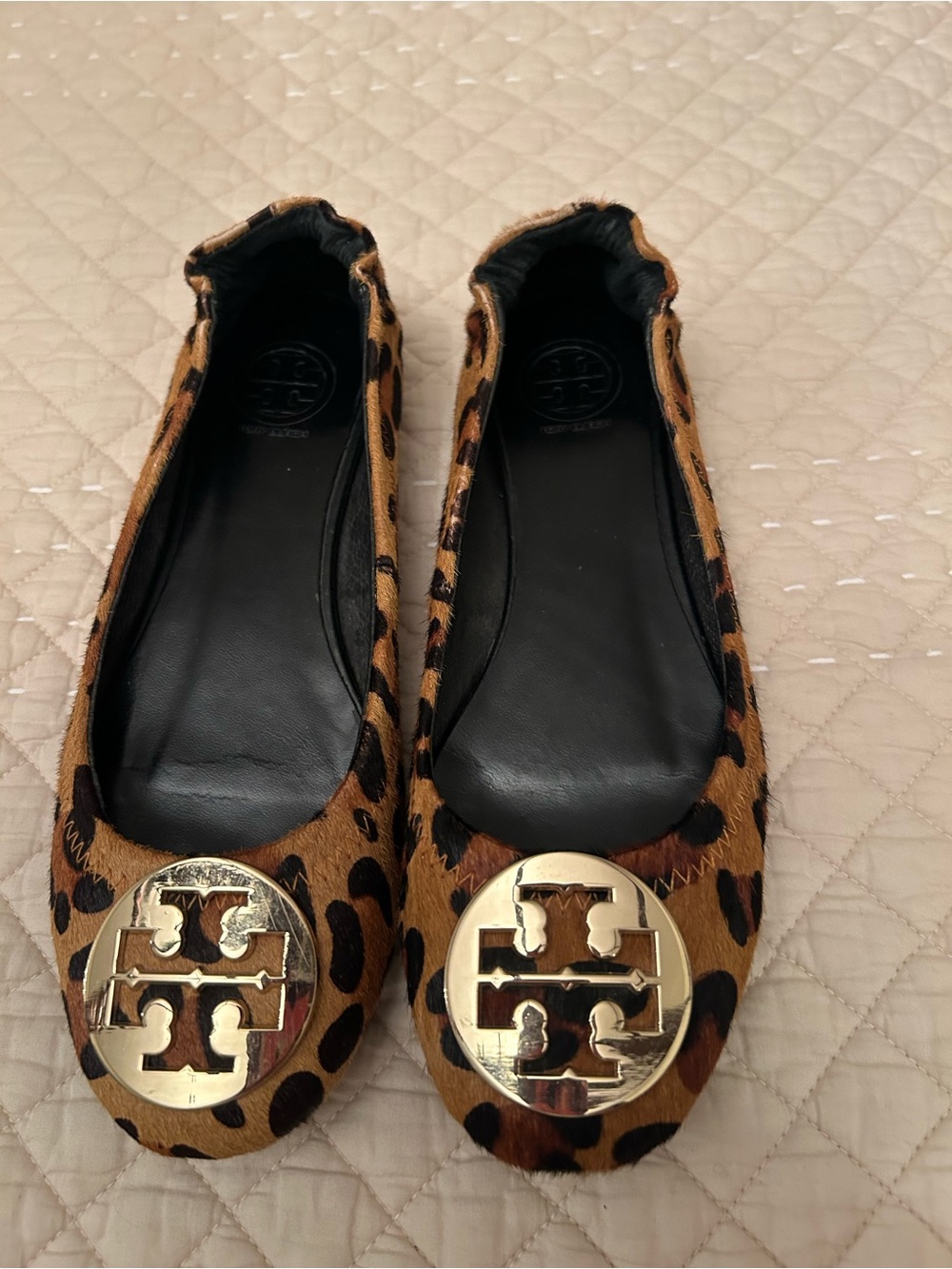 Tory Burch Leopard Haircalf Flats with Gold Logo Medallions